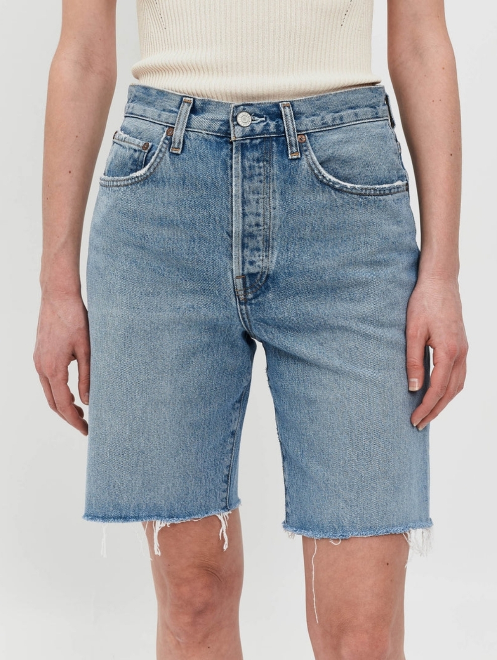 Agolde Light Blue Denim Shorts with Contrast Stitching 27 Style: Pinch